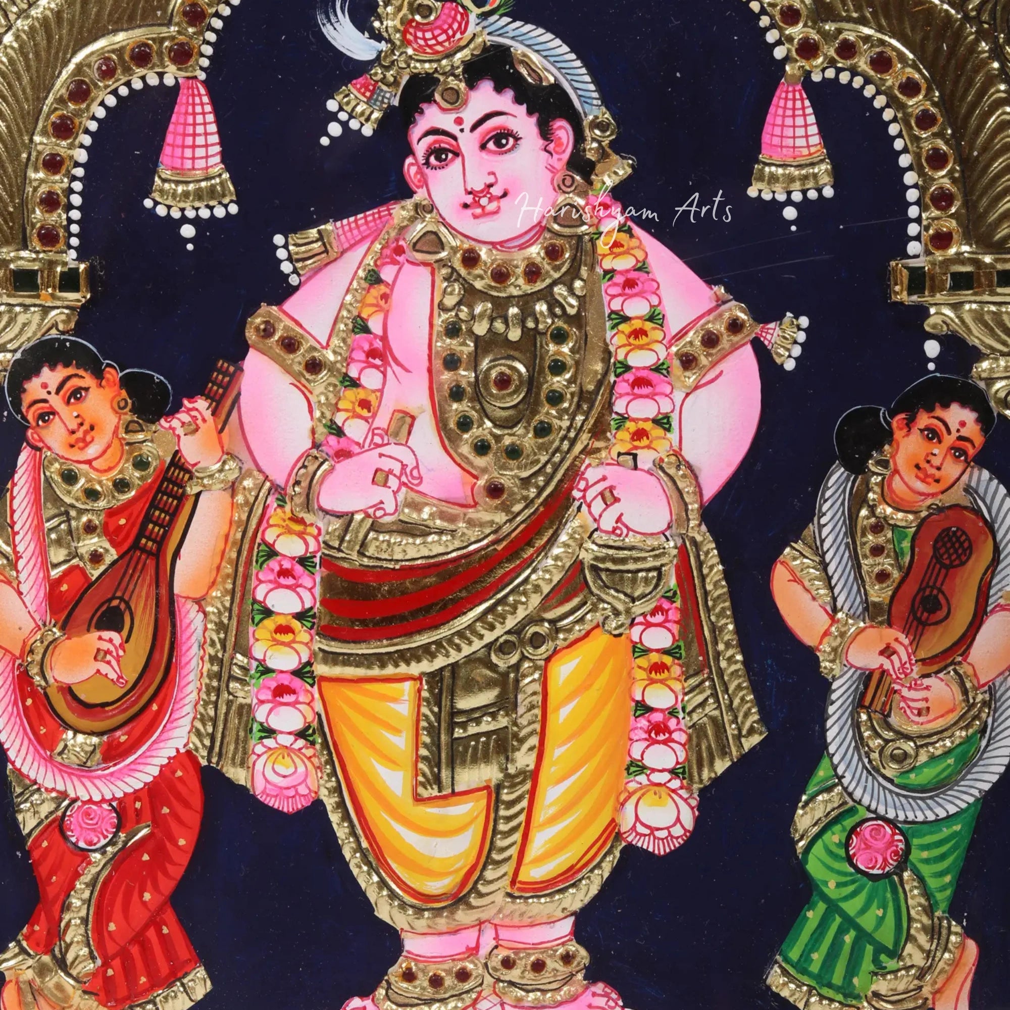 12" Standing Krishna Tanjore Painting with Ornate Frame