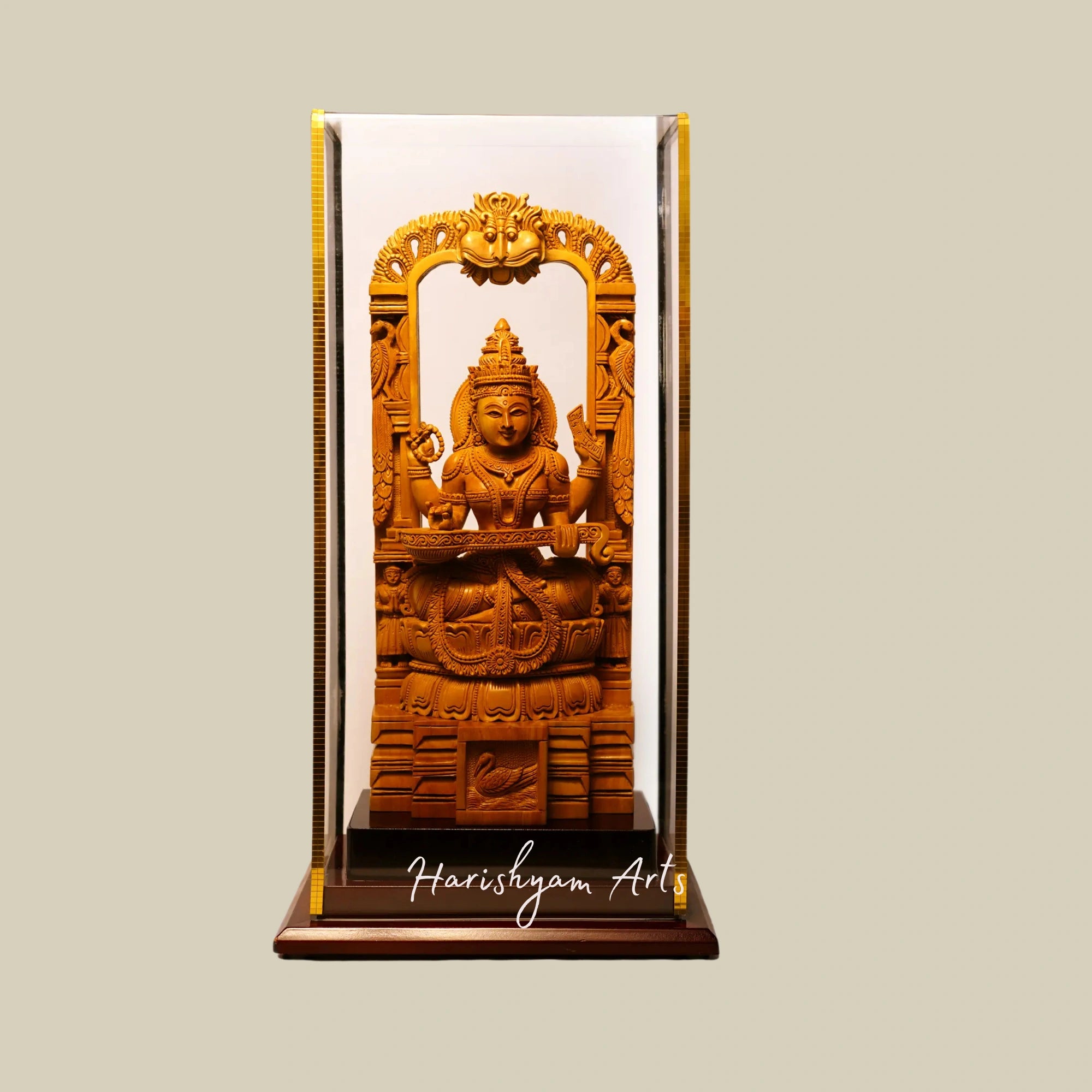 12" Temple Saraswati Wood Sculpture Seated on Kirtimukha Throne Sandalwood Carved