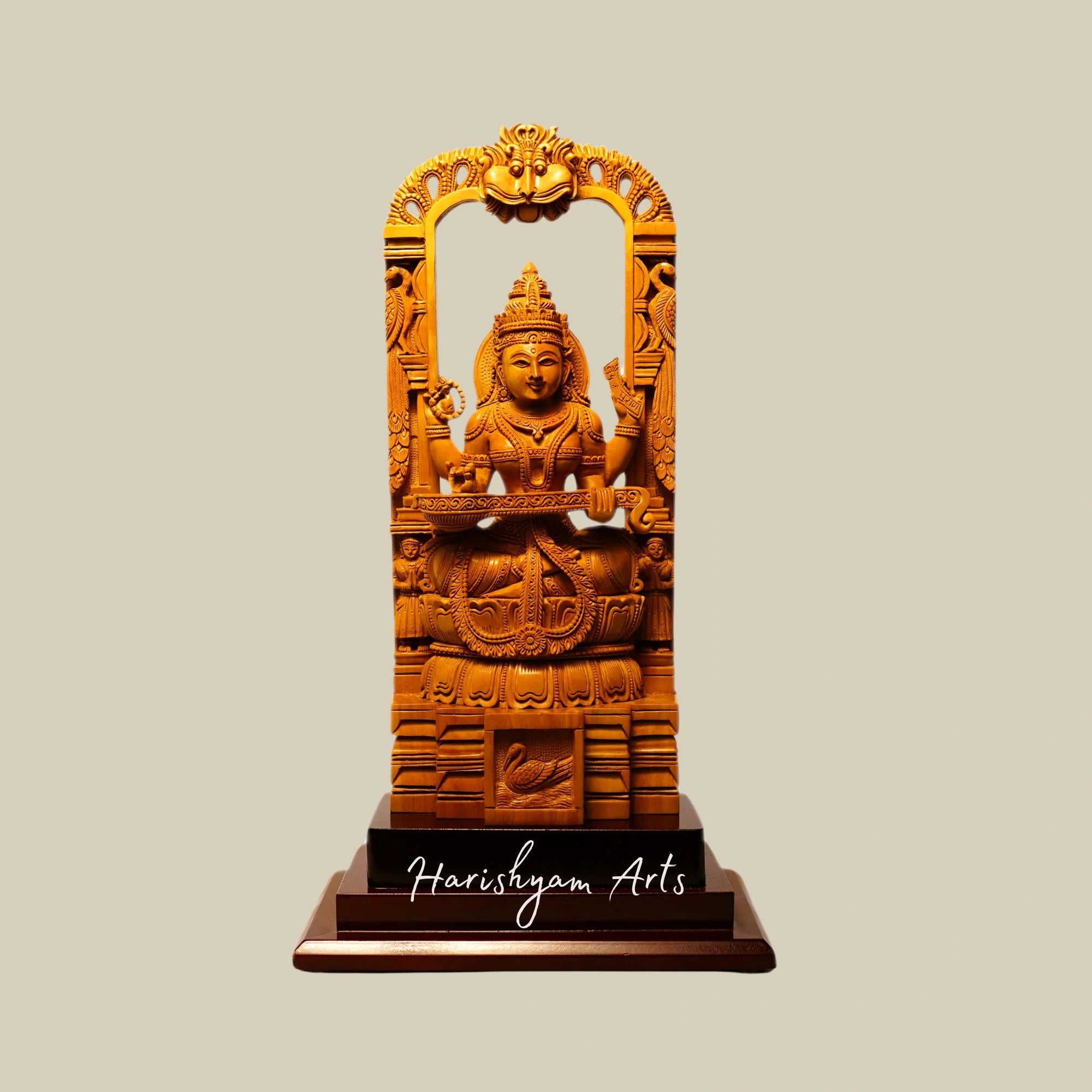 12" Temple Saraswati Wood Sculpture Seated on Kirtimukha Throne Sandalwood Carved1