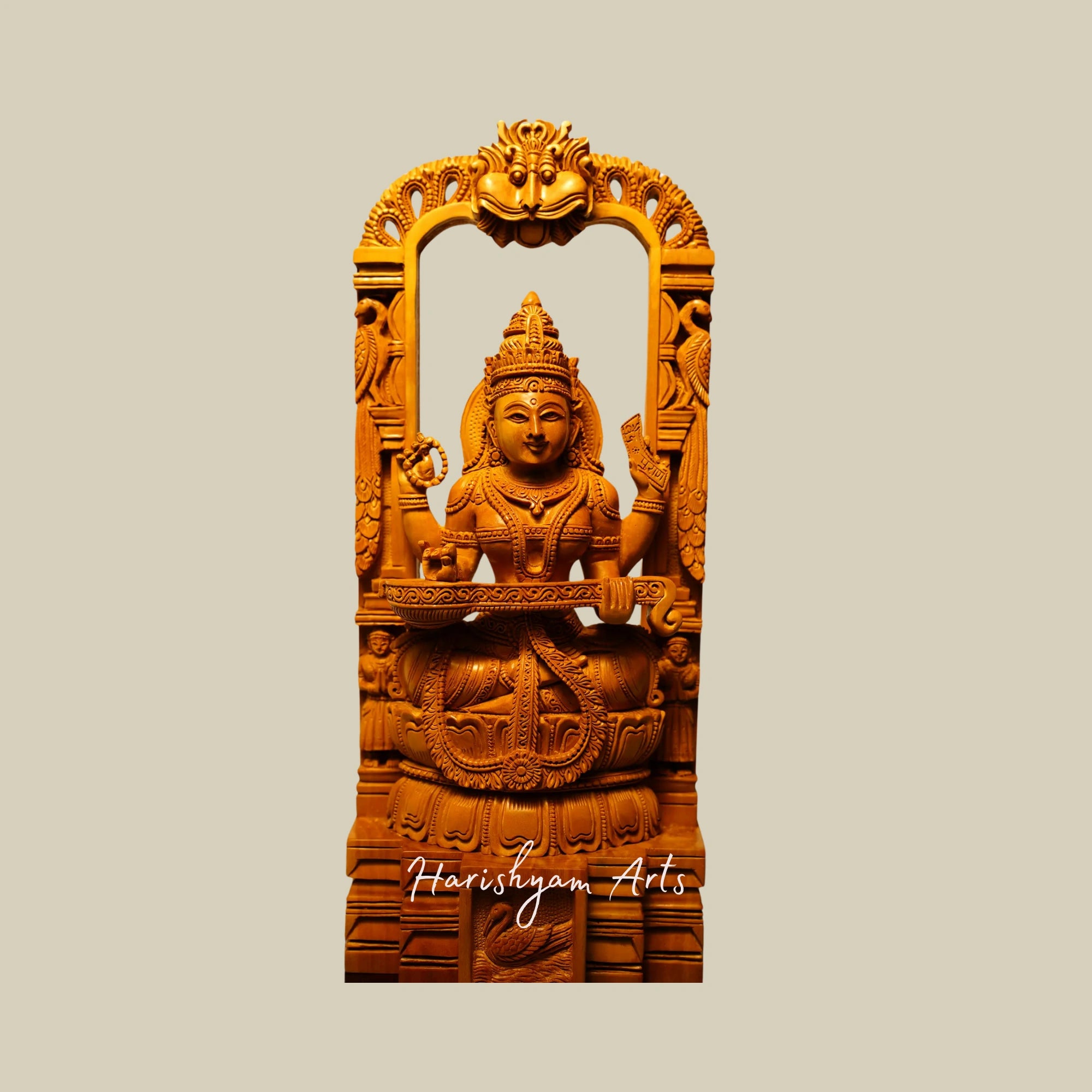 12" Temple Saraswati Wood Sculpture Seated on Kirtimukha Throne Sandalwood Carved2