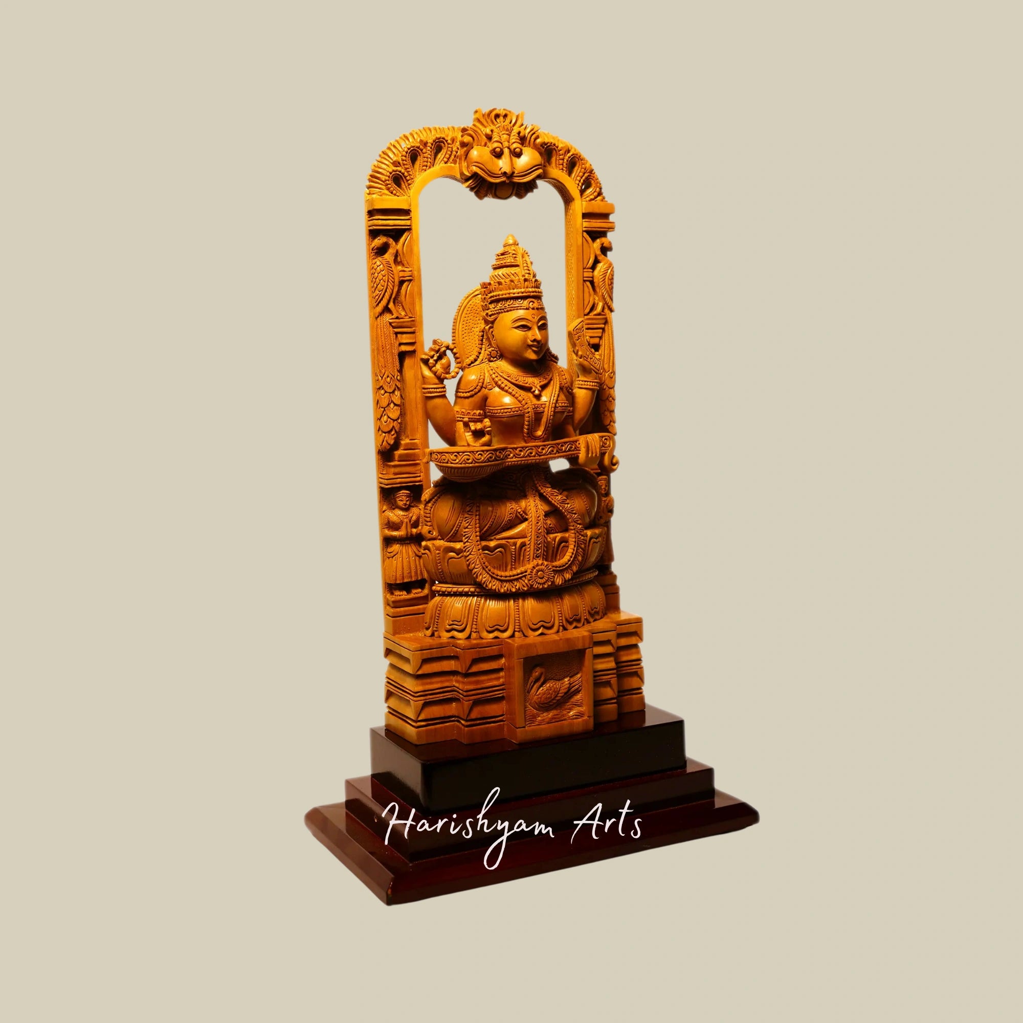 12" Temple Saraswati Wood Sculpture Seated on Kirtimukha Throne Sandalwood Carved3