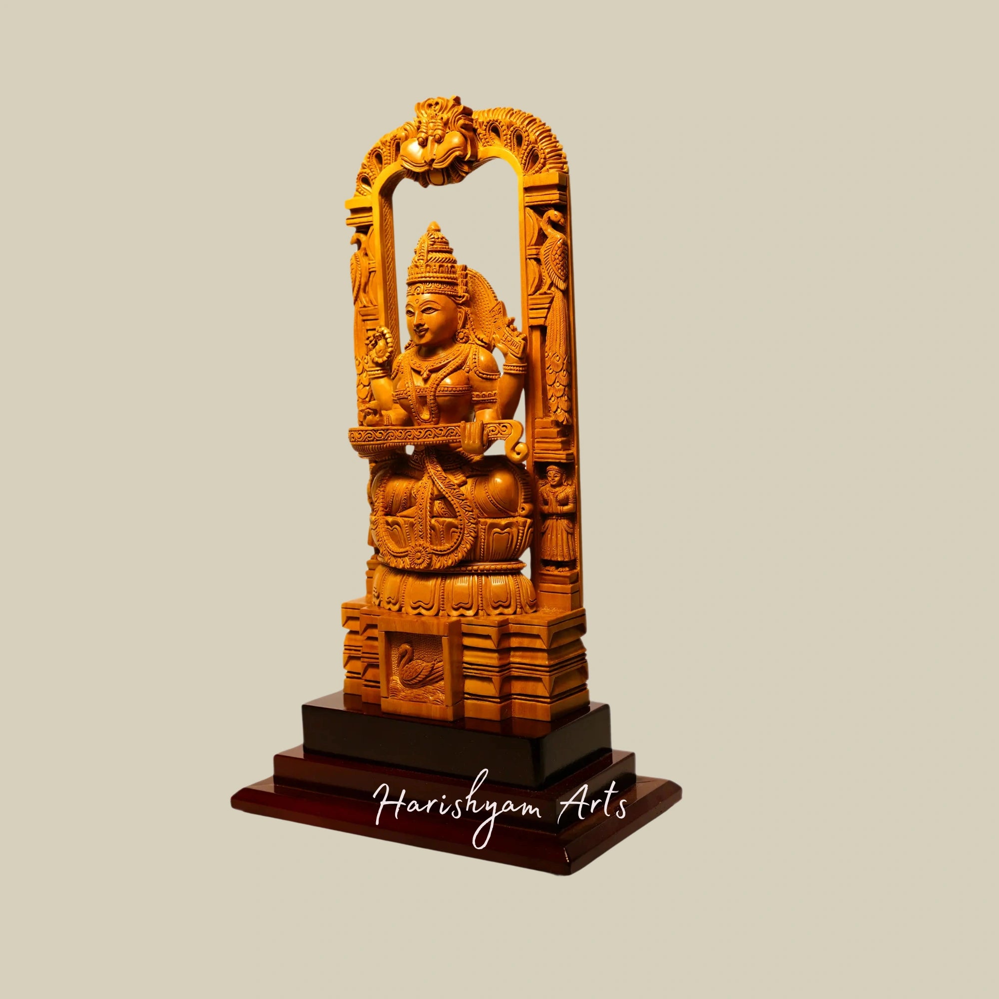 12" Temple Saraswati Wood Sculpture Seated on Kirtimukha Throne Sandalwood Carved4