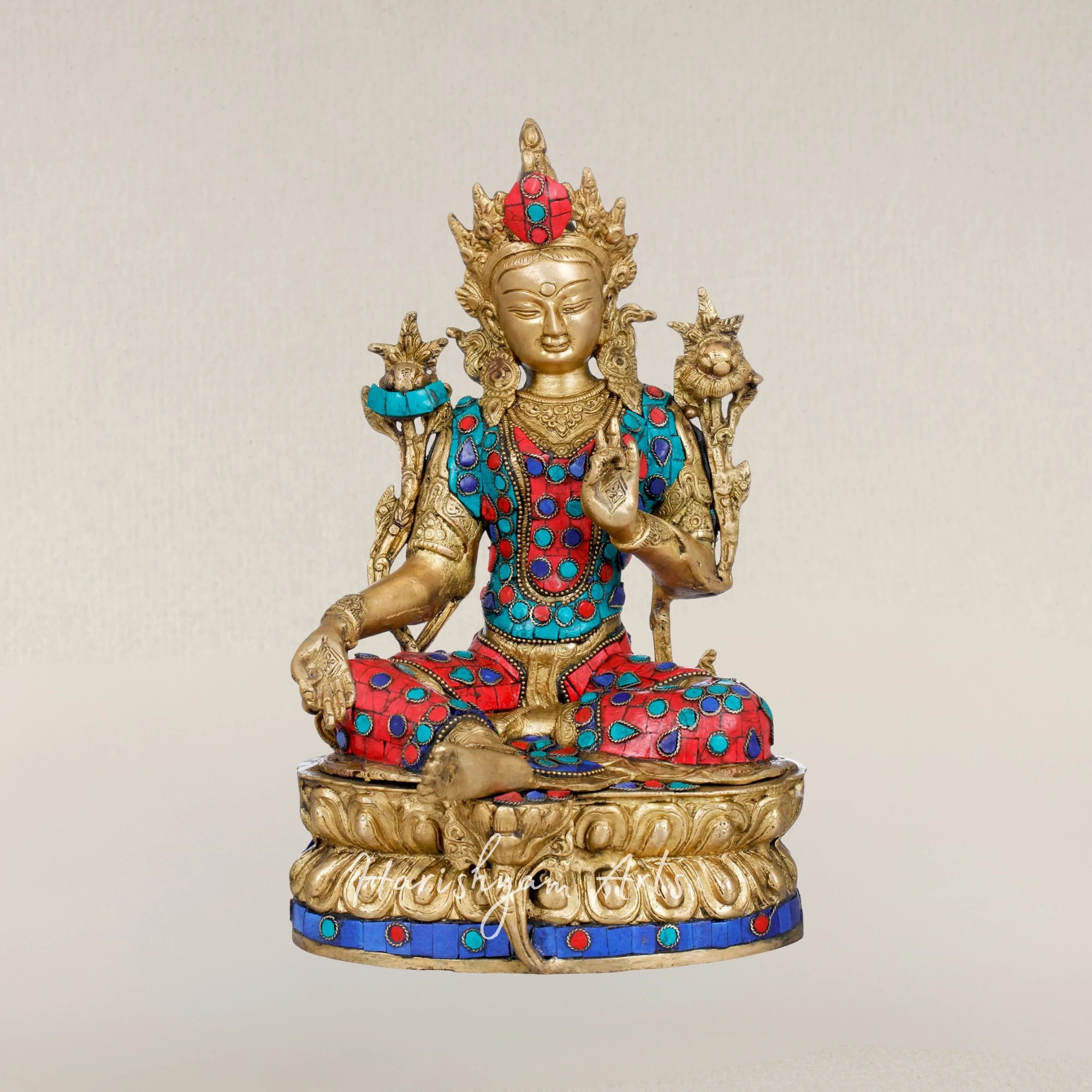 12" Tibetan Buddhist Green Tara Goddess Brass Statue for Protection and Compassion