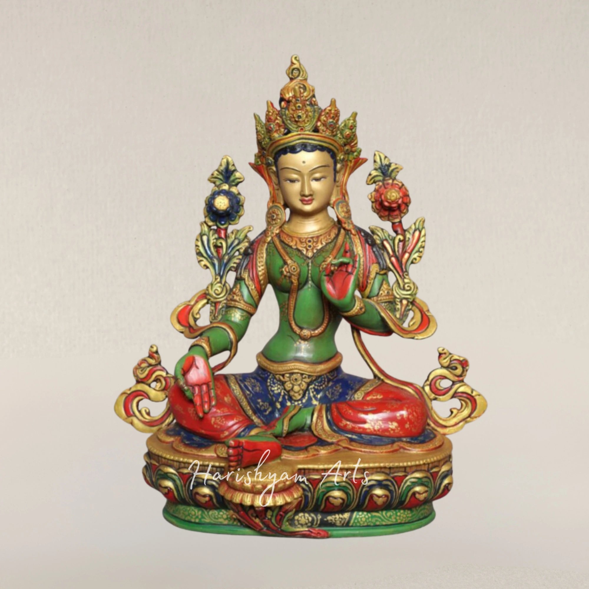 12" Tibetan Buddhist Green Tara Goddess Brass Statue for Protection and Compassion
