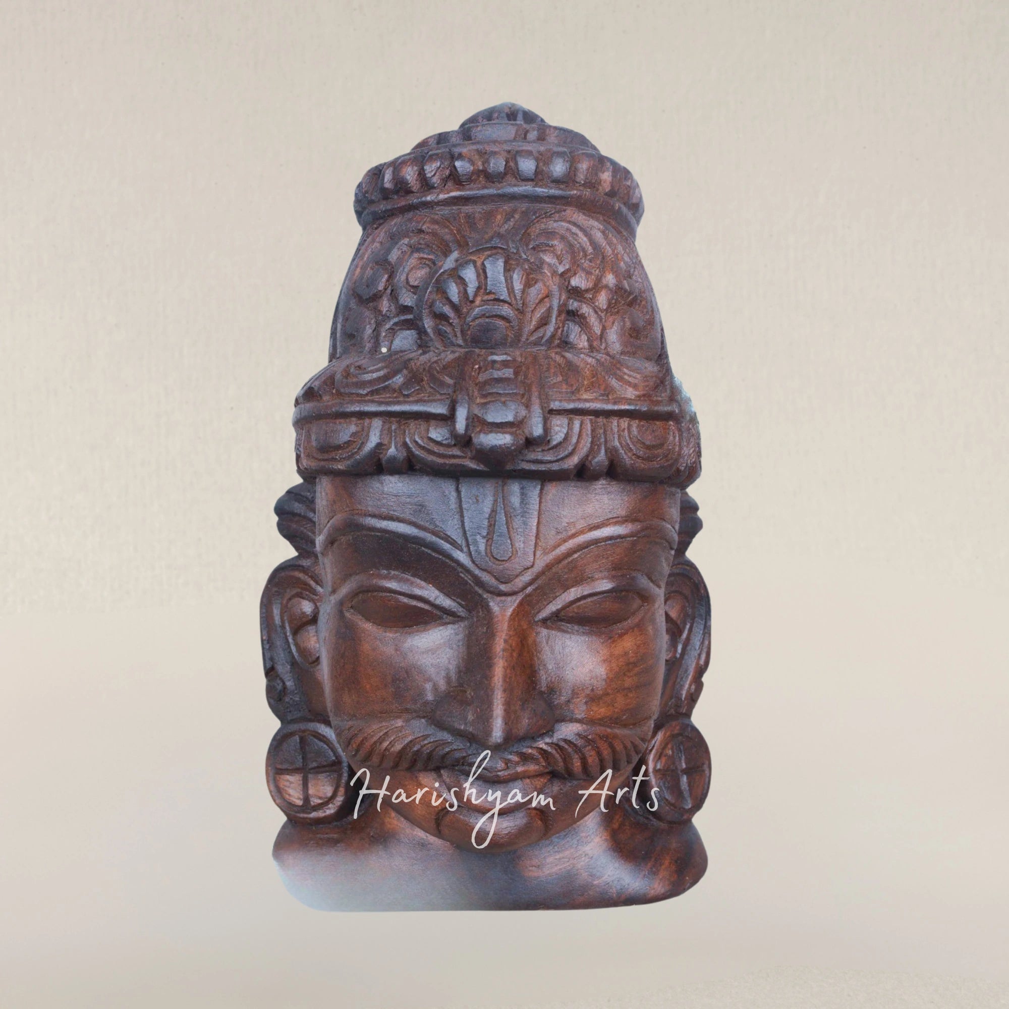 12" Veerangi Ayyanar Traditional Wooden Guardian Mask Wax Brown Finish