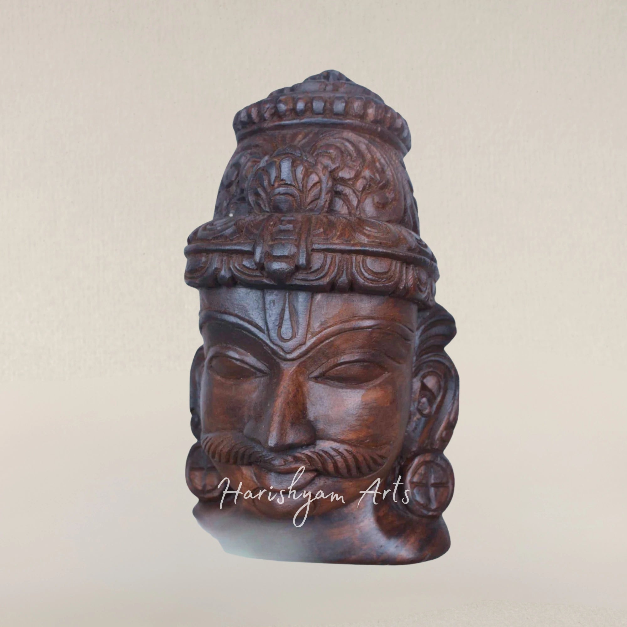 12" Veerangi Ayyanar Traditional Wooden Guardian Mask Wax Brown Finish