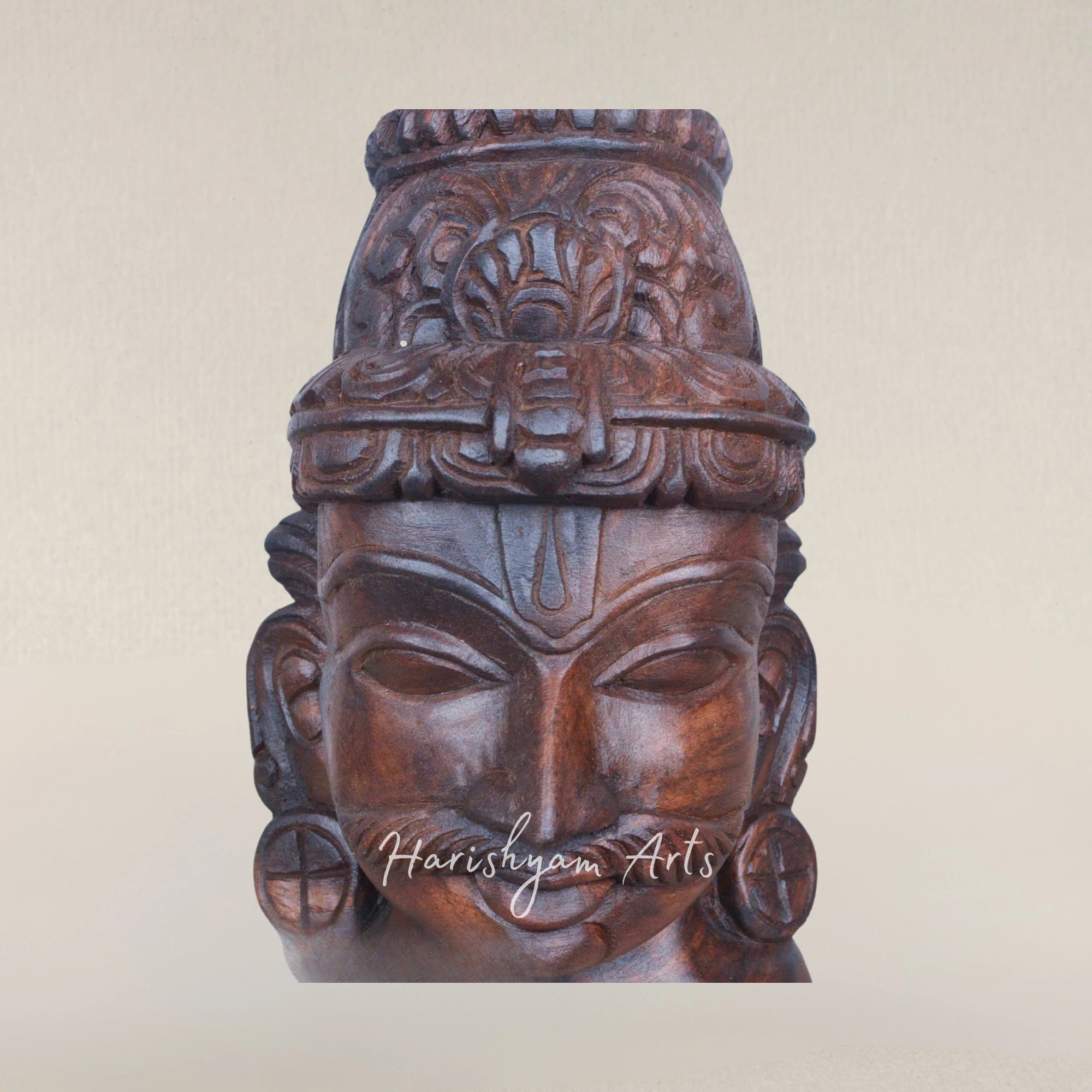 12" Veerangi Ayyanar Traditional Wooden Guardian Mask Wax Brown Finish