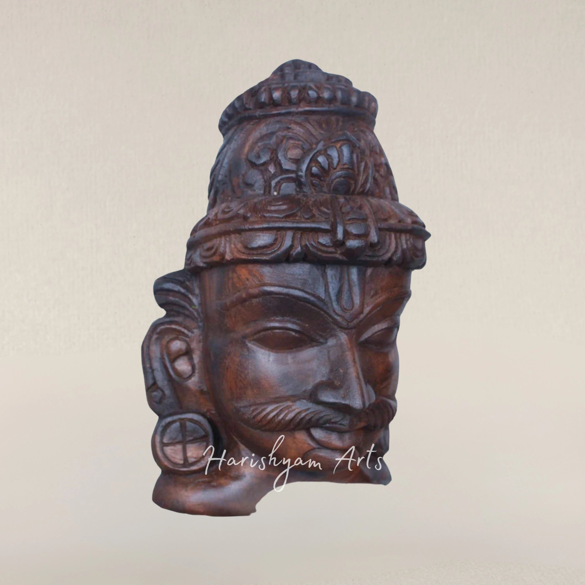 12" Veerangi Ayyanar Traditional Wooden Guardian Mask Wax Brown Finish