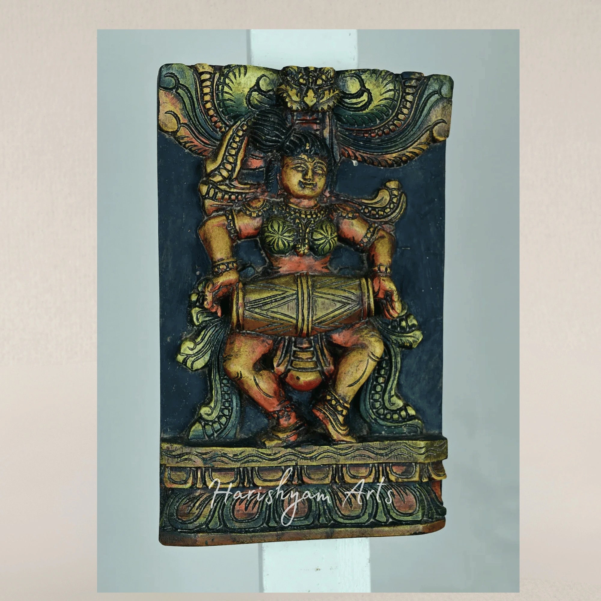 12" Vibrant Handcrafted Apsara Wall Panel in Multitone Wood