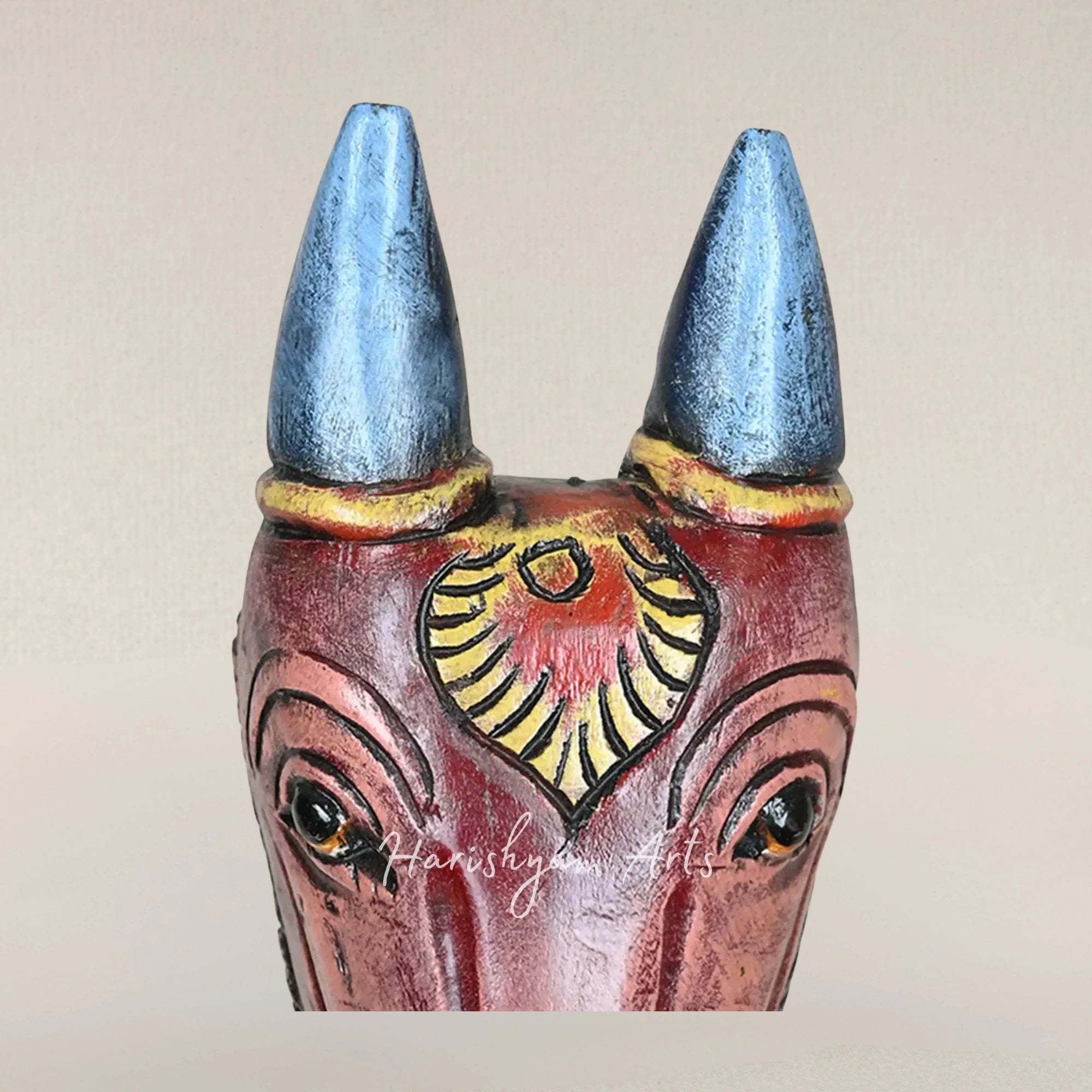 12" Vibrant Ox Face Mask Handcrafted Solid Wood Wall Art