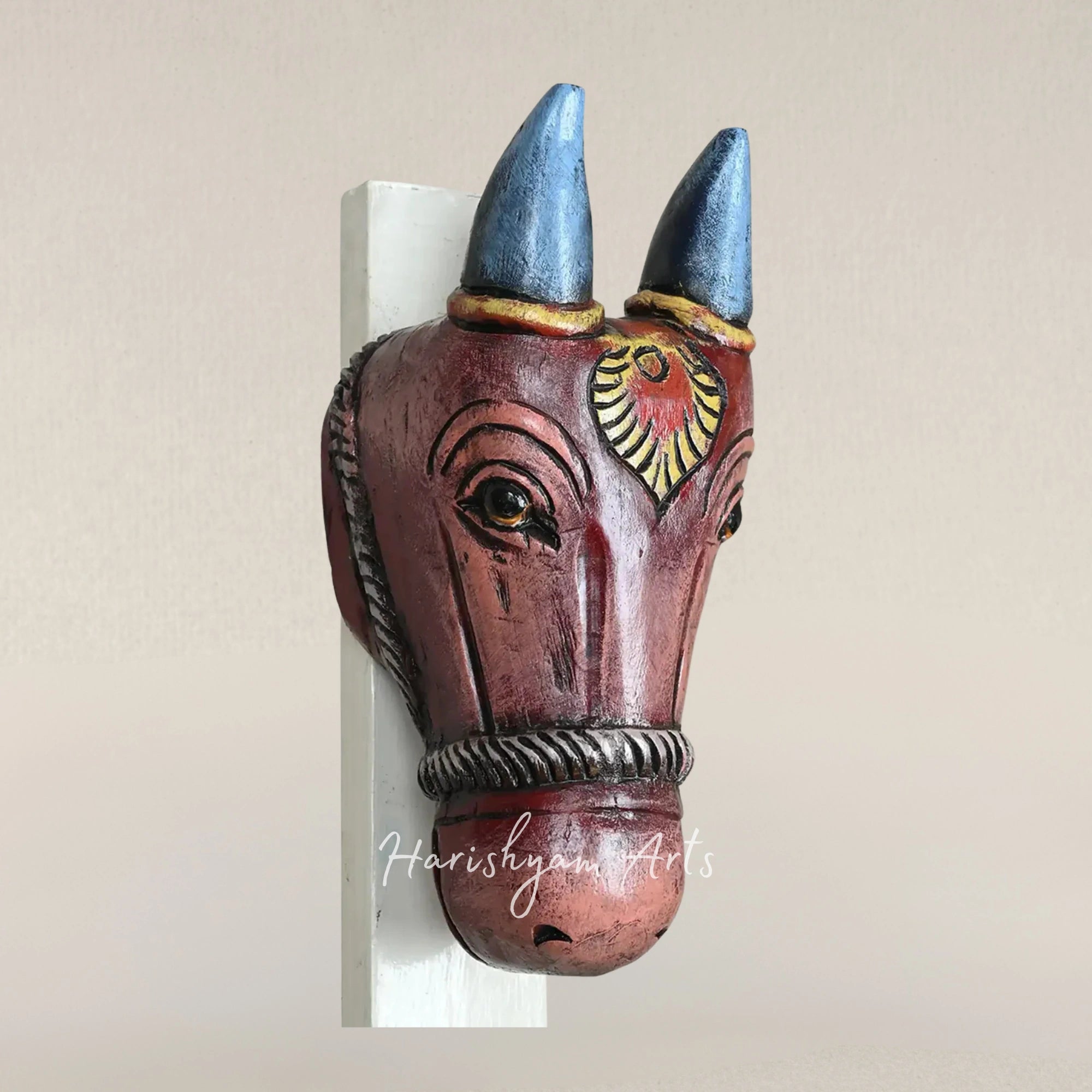 12" Vibrant Ox Face Mask Handcrafted Solid Wood Wall Art