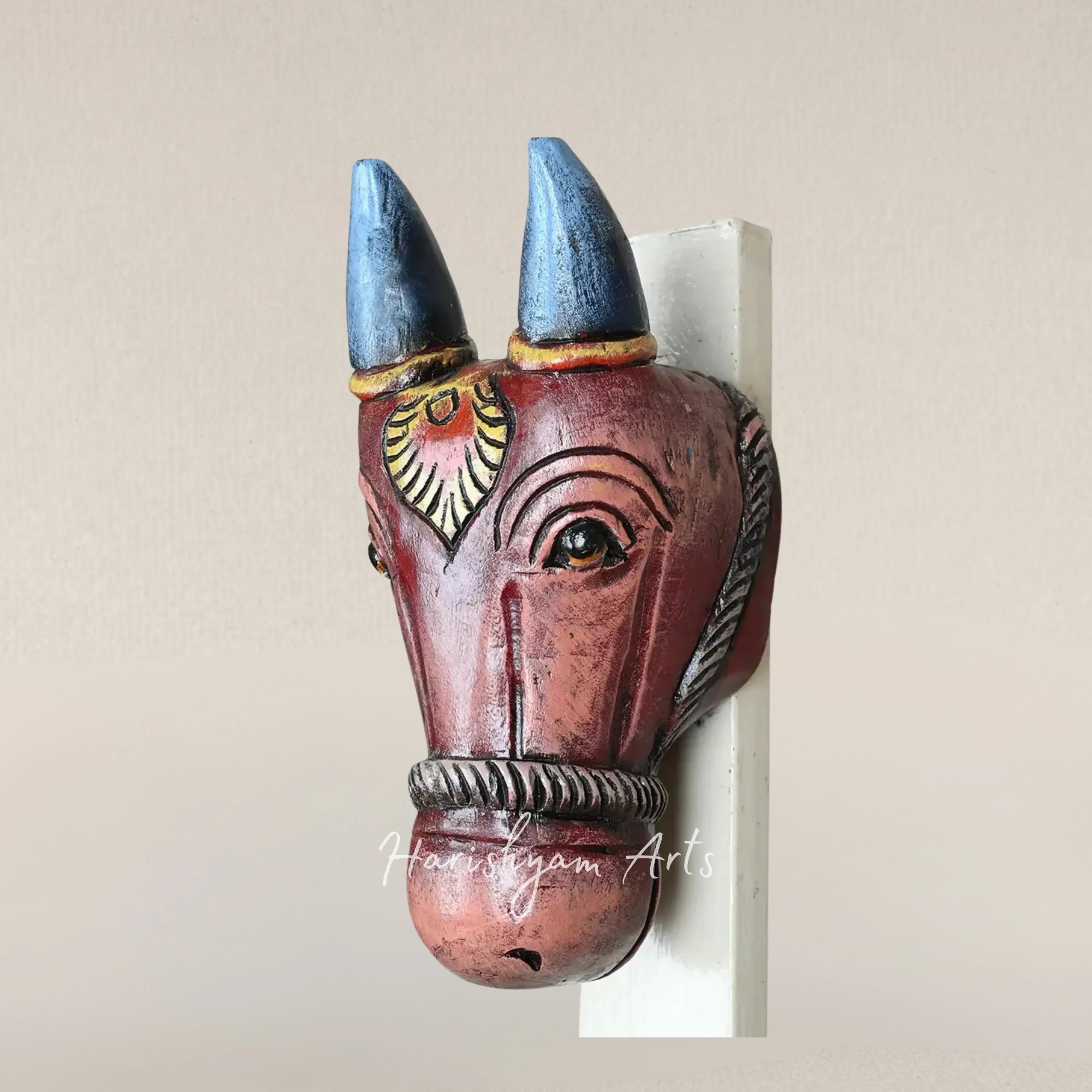 12" Vibrant Ox Face Mask Handcrafted Solid Wood Wall Art