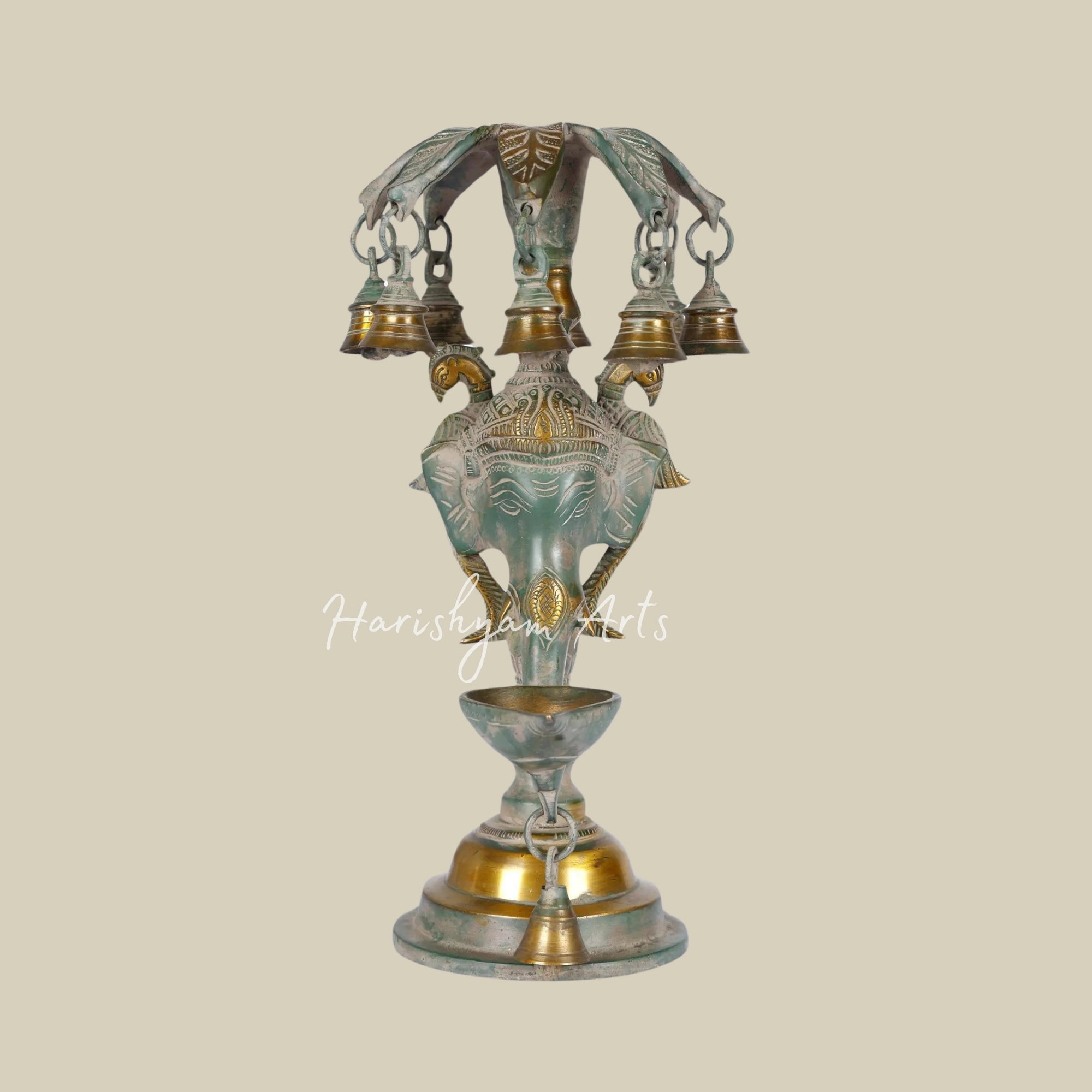 12" Brass Ganesha Lamp with Hanging Bells