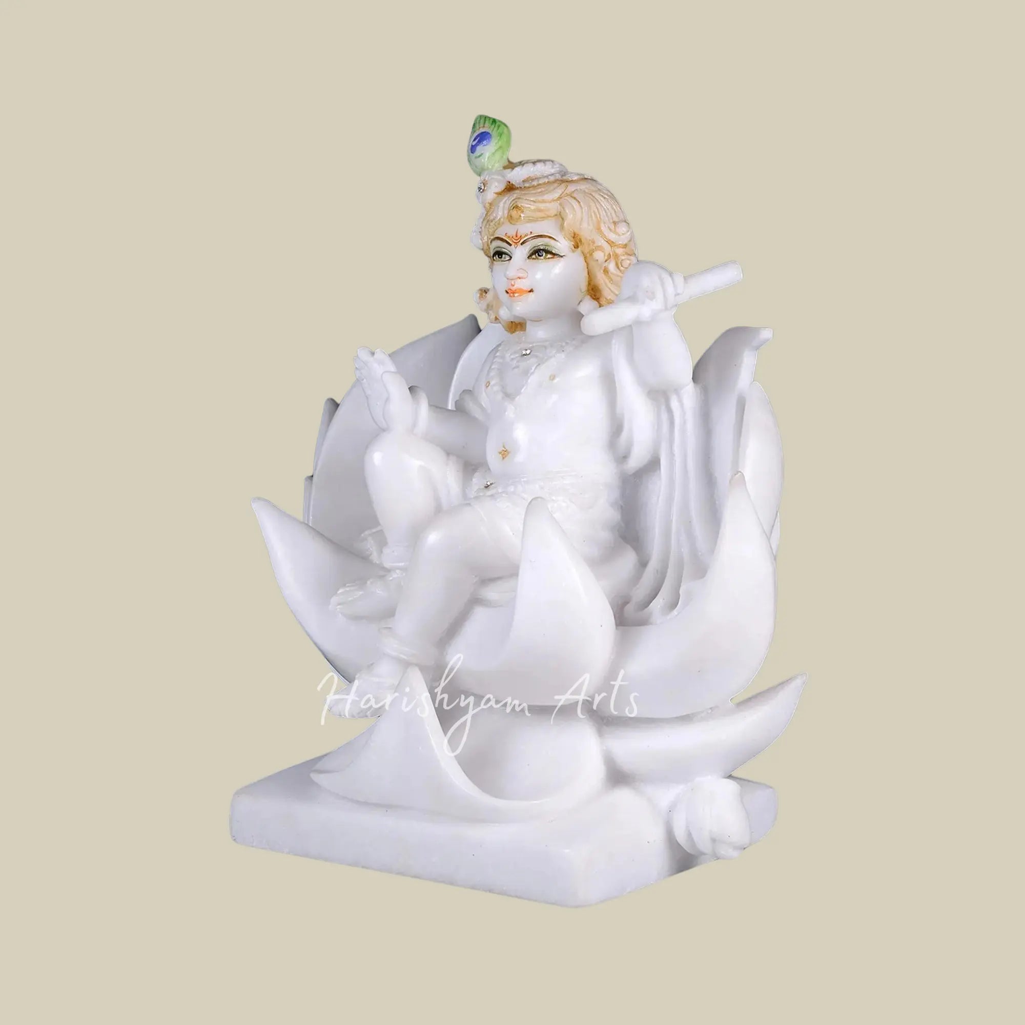 12 inches Bal Krishna Sitting on Lotus Makrana Marble Statue 1