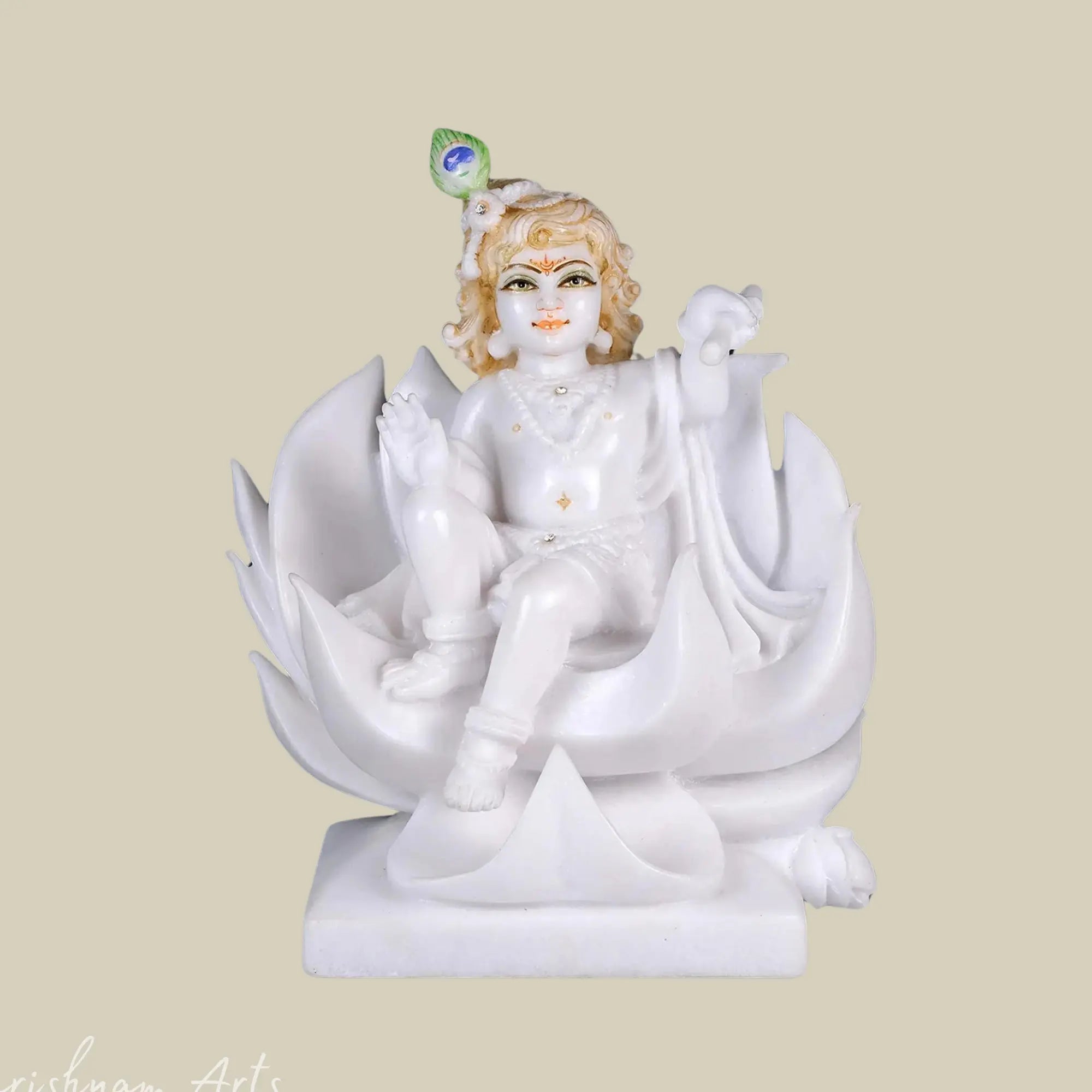 12 inches Bal Krishna Sitting on Lotus Makrana Marble Statue