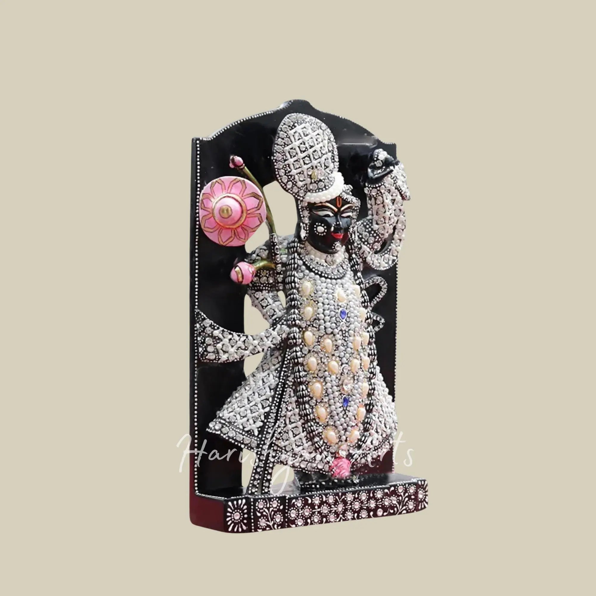 12 inches Black Marble Shreenathji Murti for Home with Pearl Work 2