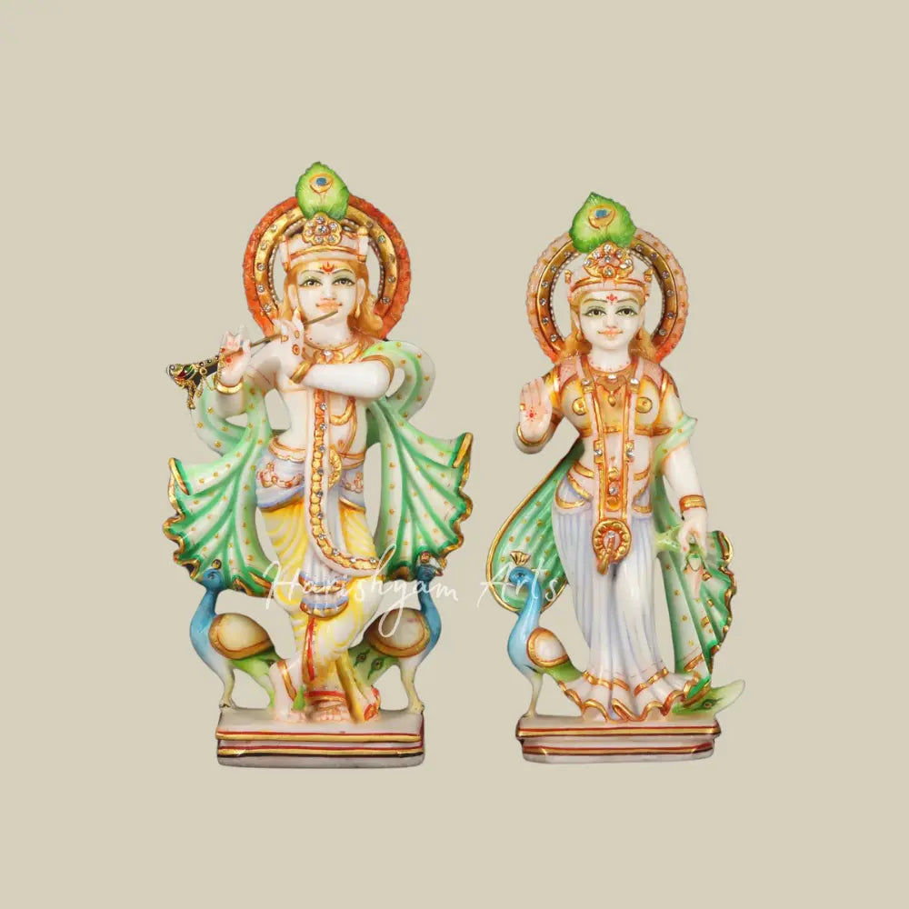 12" Colourful Radha Krishna White Marble Moorti