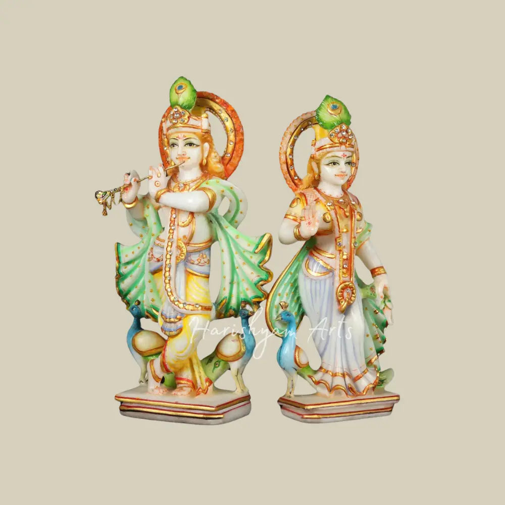 12" Colourful Radha Krishna White Marble Moorti