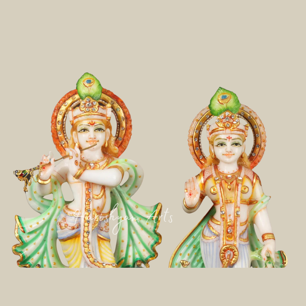 12" Colourful Radha Krishna White Marble Moorti