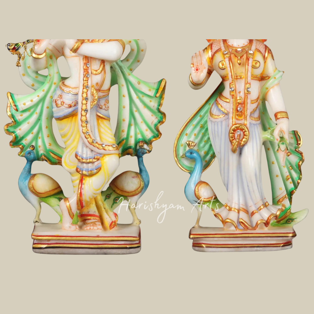 12" Colourful Radha Krishna White Marble Moorti