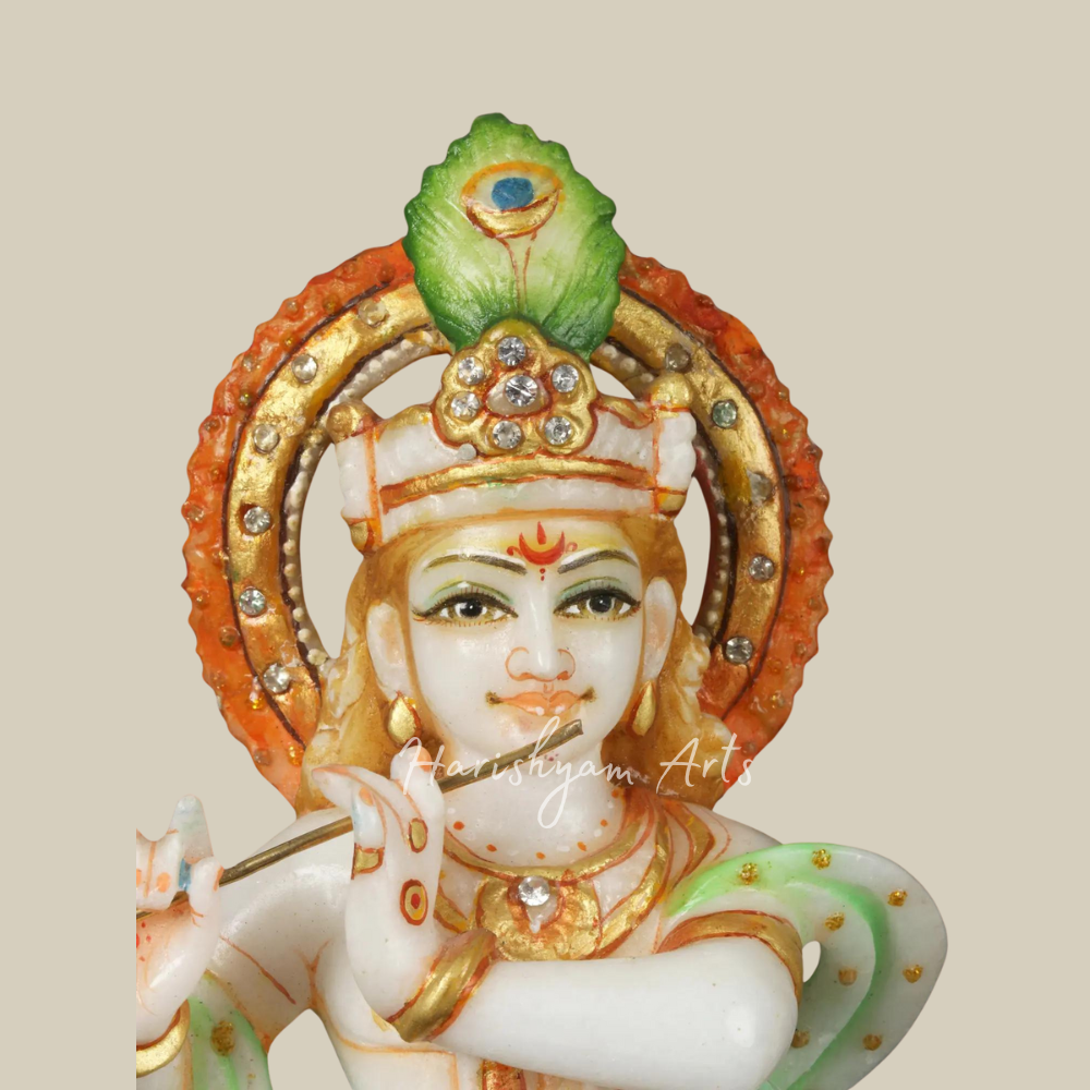 12" Colourful Radha Krishna White Marble Moorti