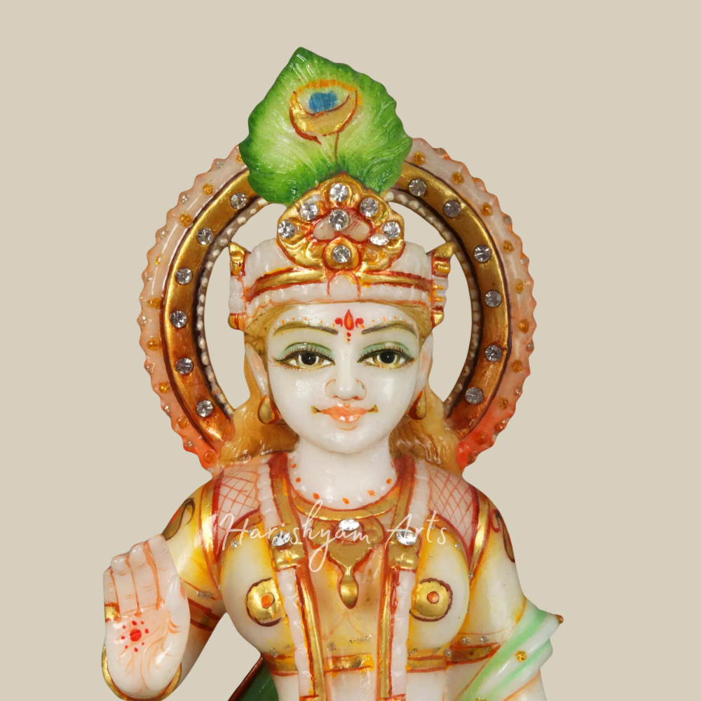 12" Colourful Radha Krishna White Marble Moorti