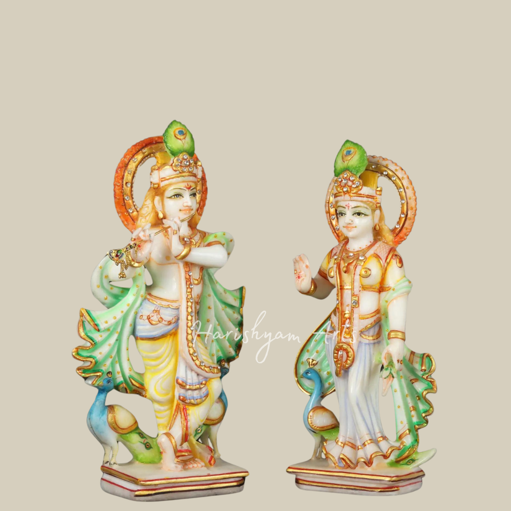 12" Colourful Radha Krishna White Marble Moorti