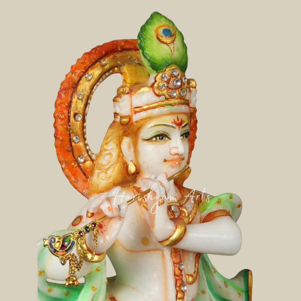 12" Colourful Radha Krishna White Marble Moorti