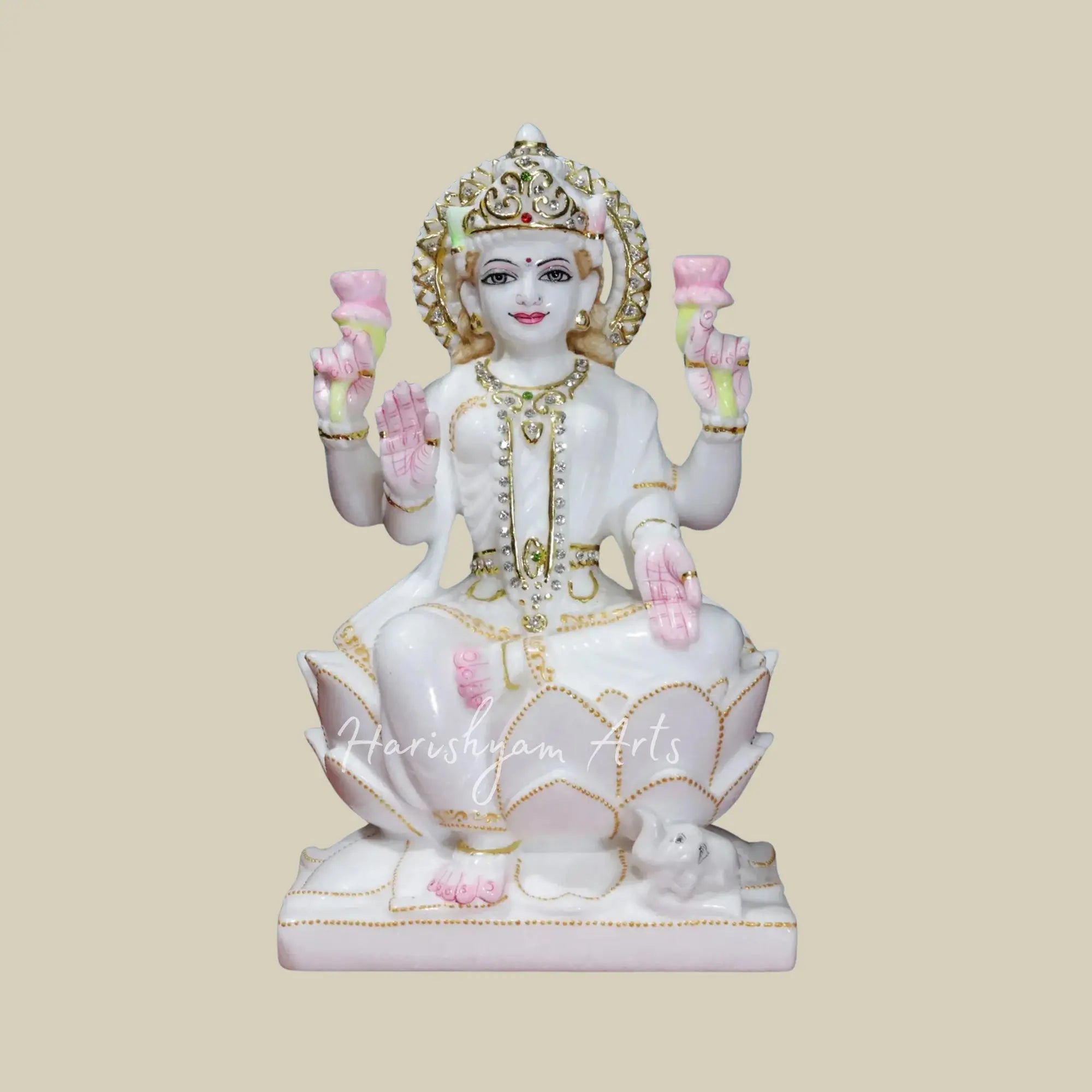 12" Goddess Lakshmi Seated on Lotus Makrana Marble Statue