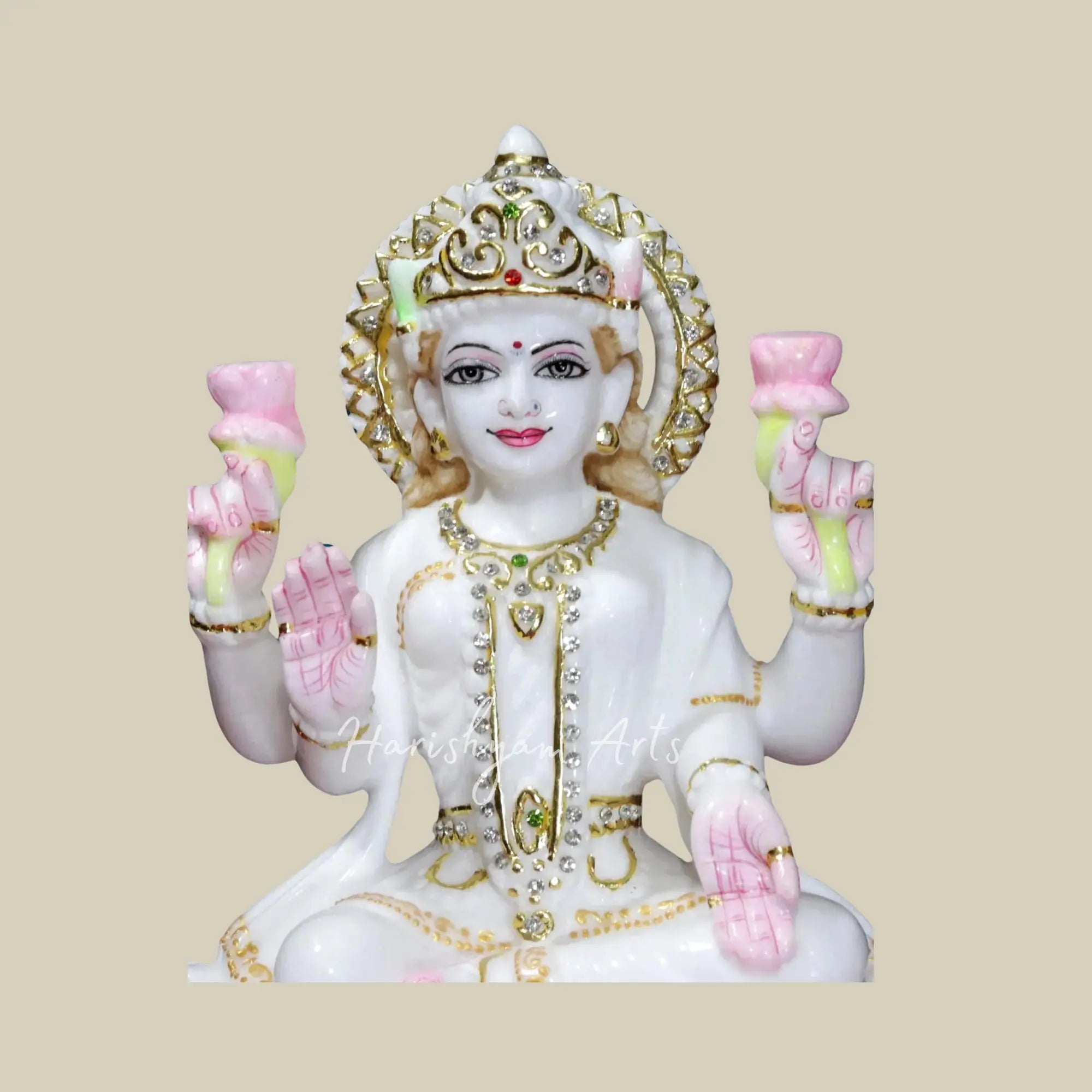 12" Goddess Lakshmi Seated on Lotus Makrana Marble Statue