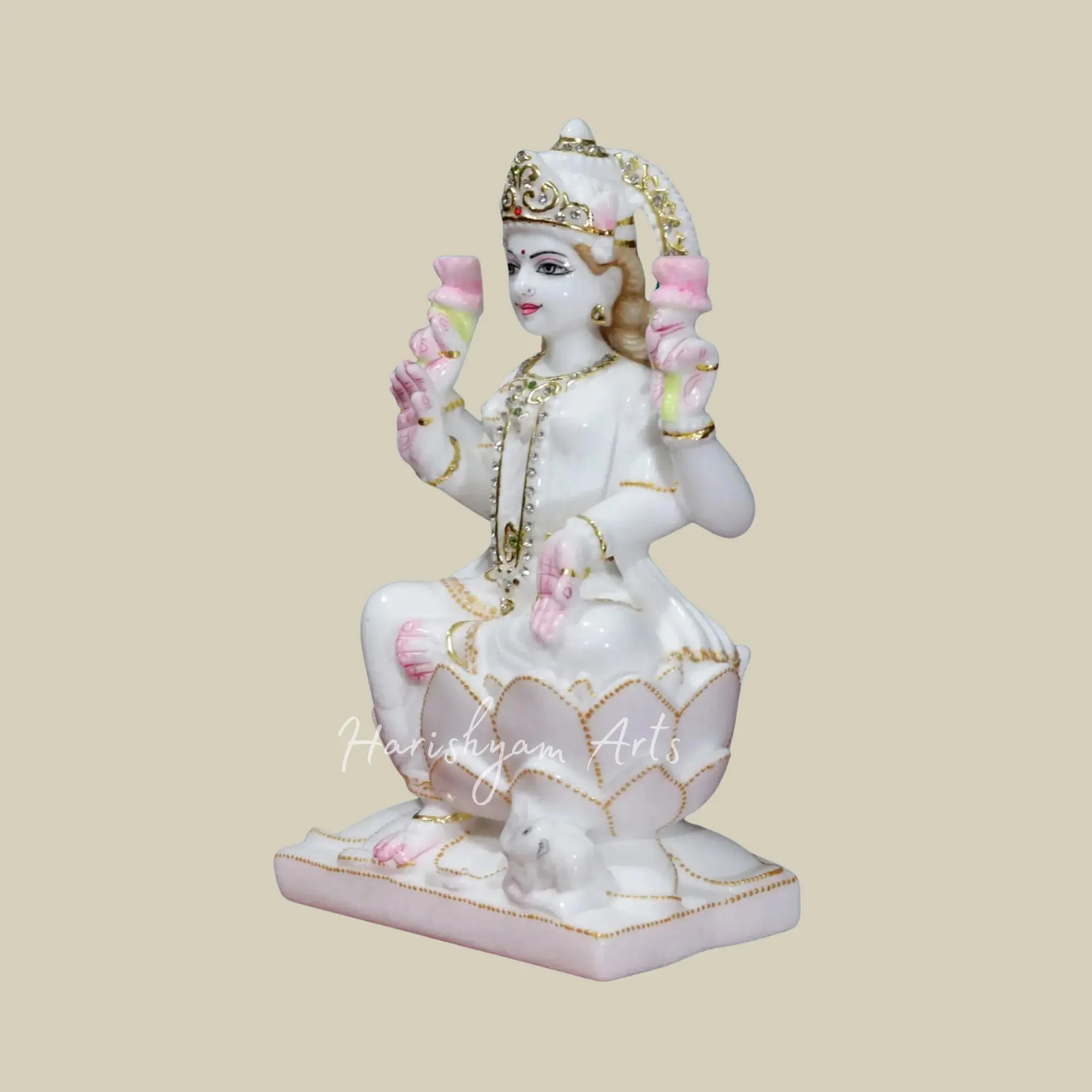 12" Goddess Lakshmi Seated on Lotus Makrana Marble Statue