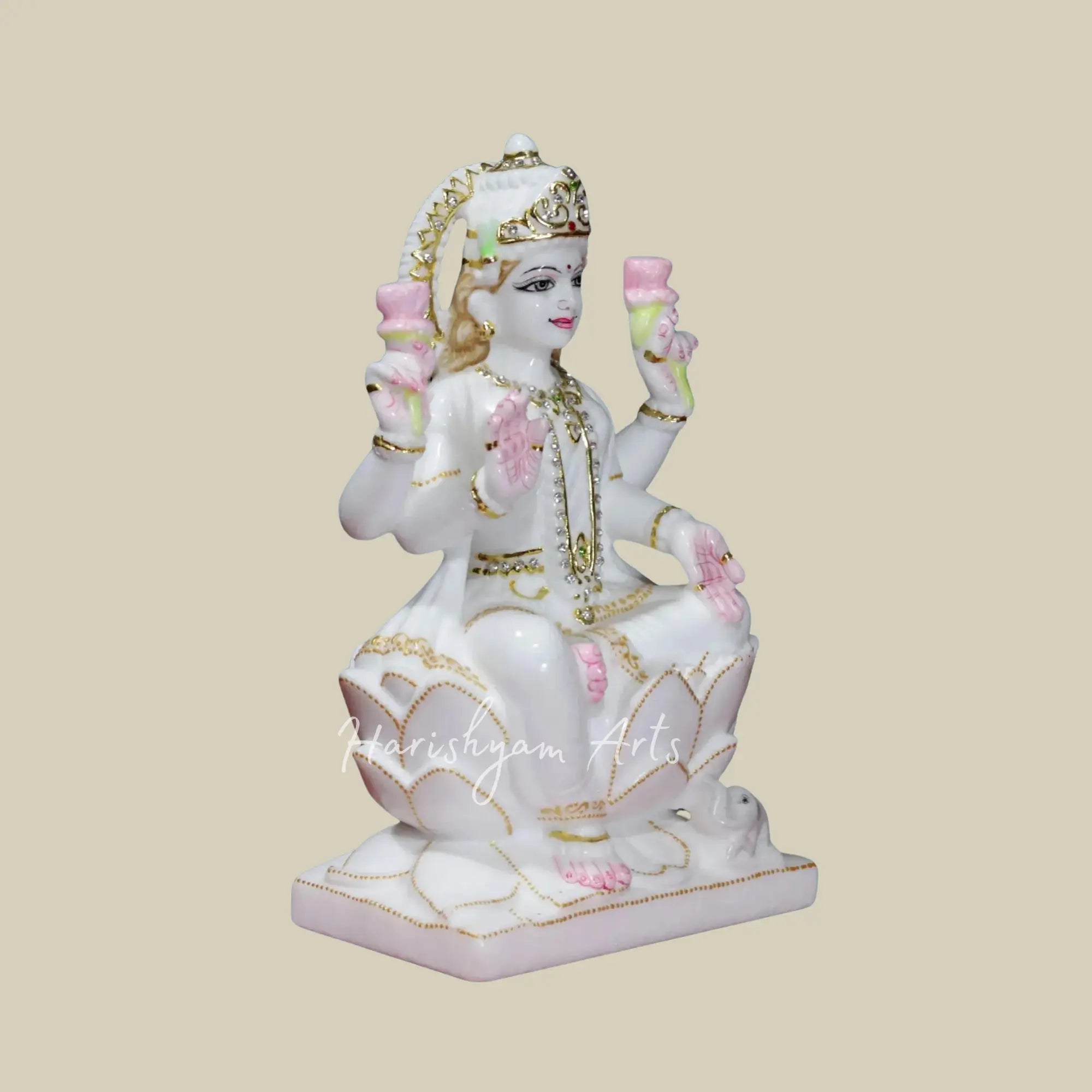 12" Goddess Lakshmi Seated on Lotus Makrana Marble Statue