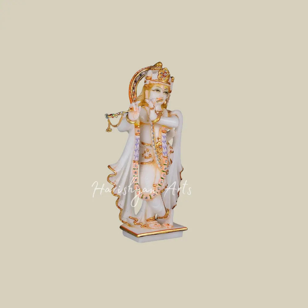 12" Handmade Marble Statue of Krishna With Pagadi and Peacock