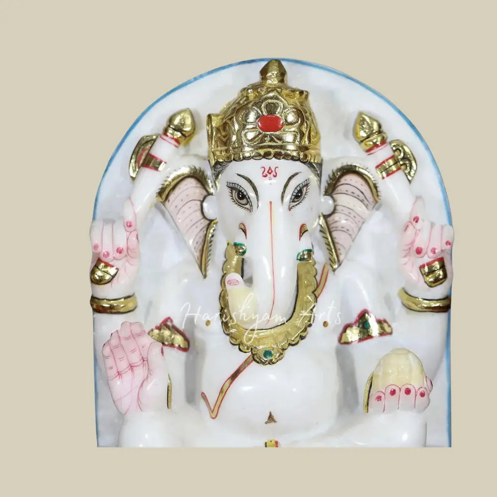 12" Lord Ganapati Bappa Statue With Golden Ornaments Makrana Marble Panel