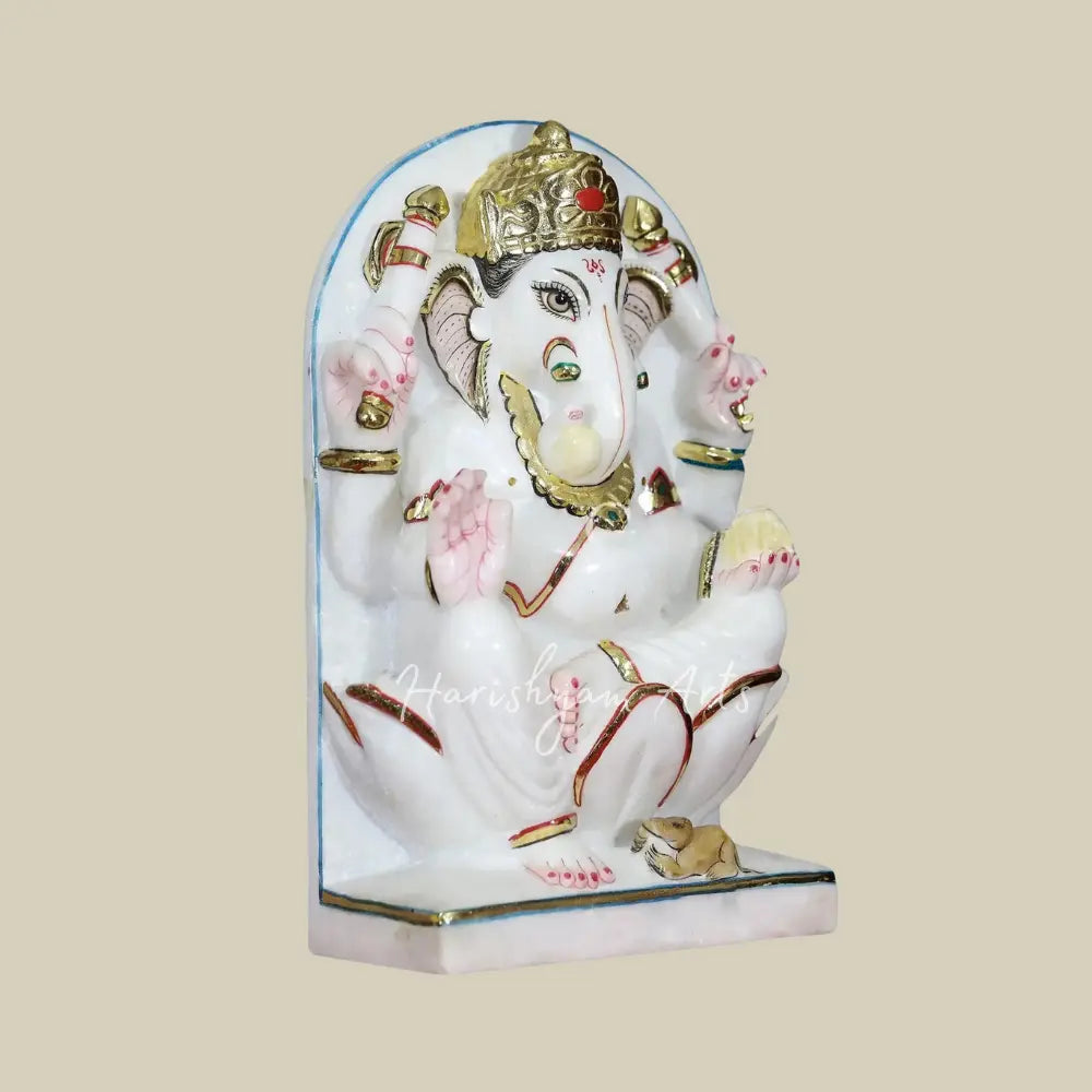 12" Lord Ganapati Bappa Statue With Golden Ornaments Makrana Marble Panel