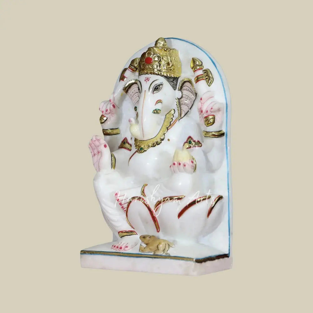 12" Lord Ganapati Bappa Statue With Golden Ornaments Makrana Marble Panel