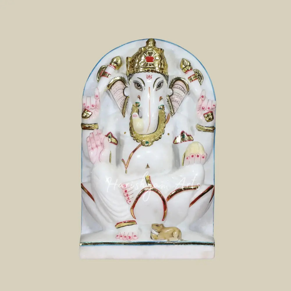 12" Lord Ganapati Bappa Statue With Golden Ornaments Makrana Marble Panel