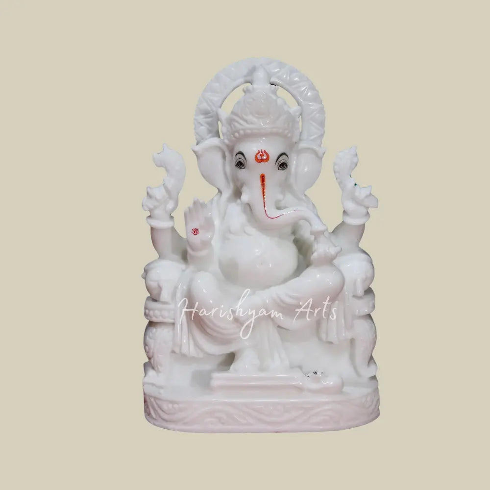 12" Lord Ganesha With Trident Tilak in Makrana Marble Statue