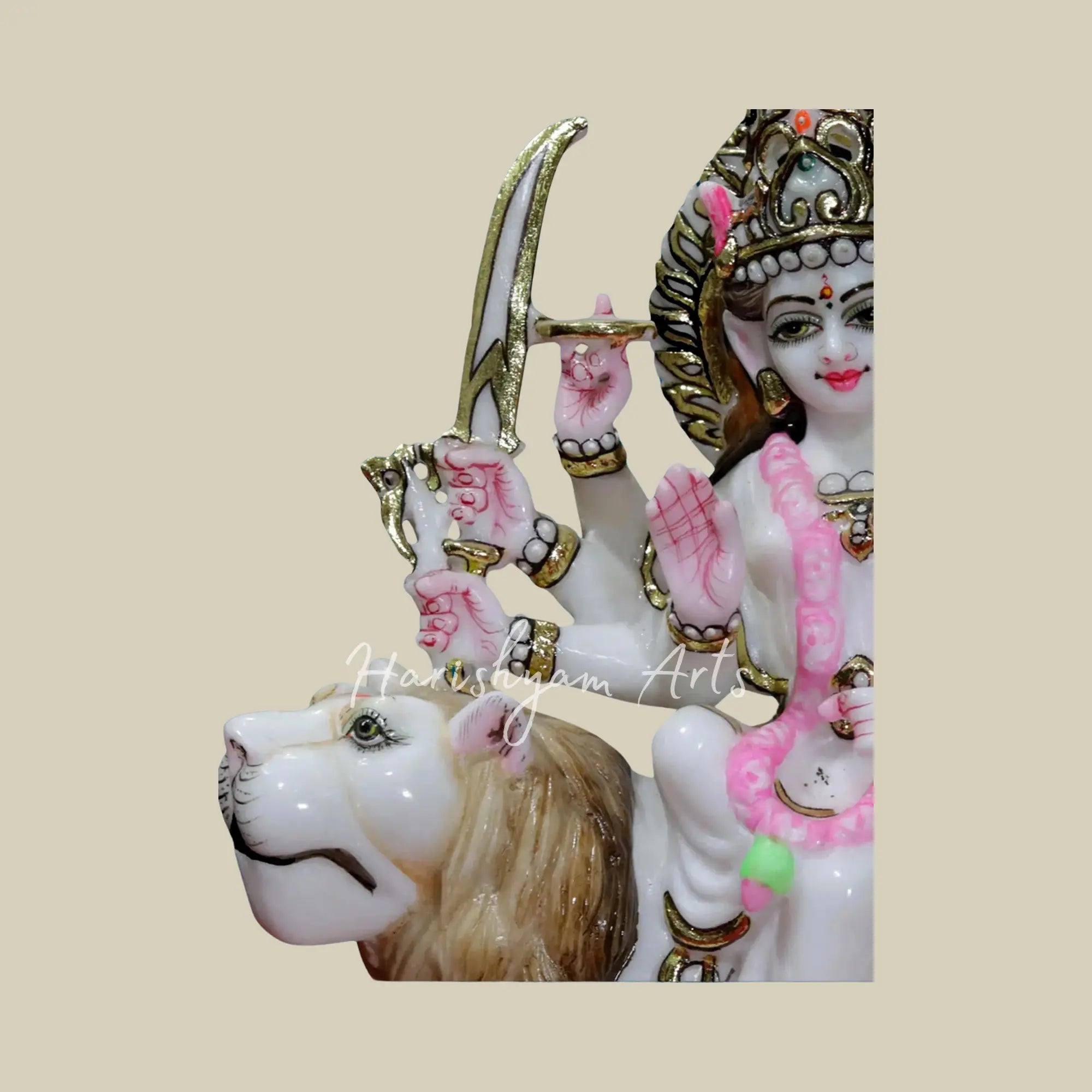 12" Marble Durga statue with intricate detailing