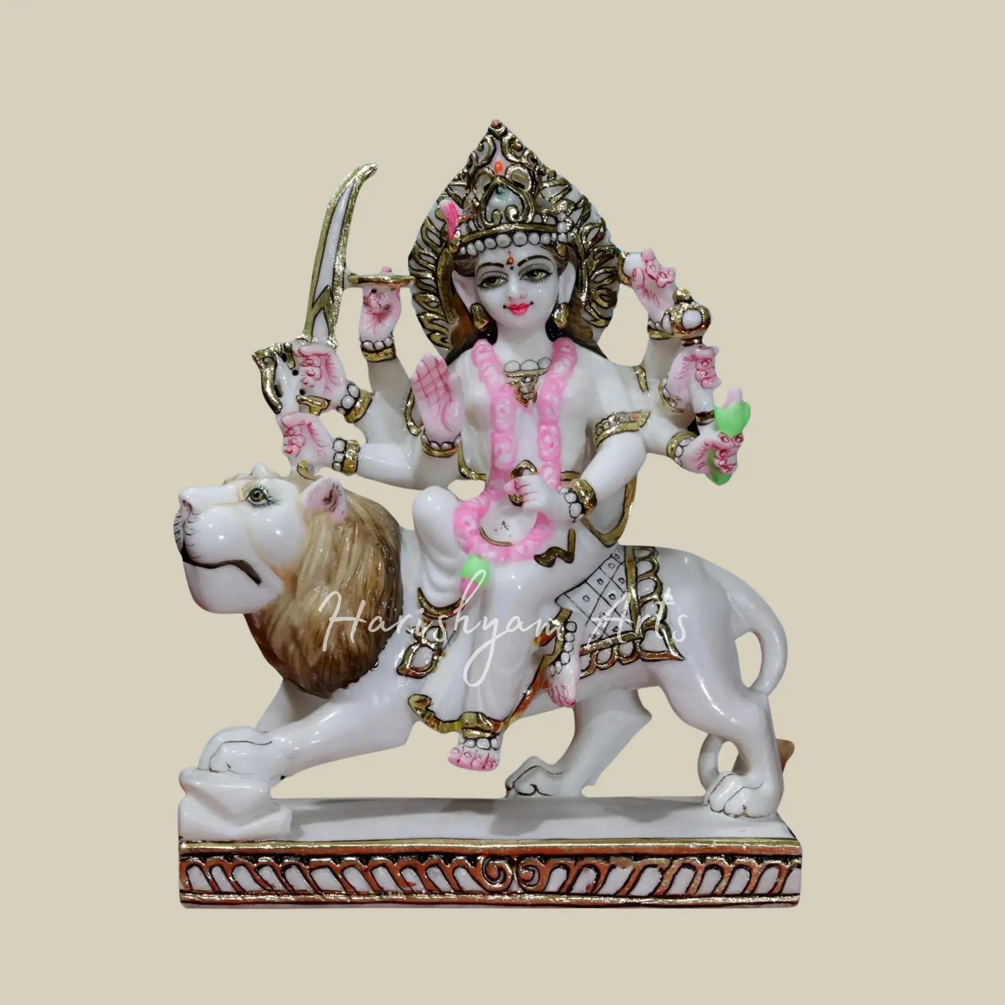 12" Marble Durga statue with intricate detailing