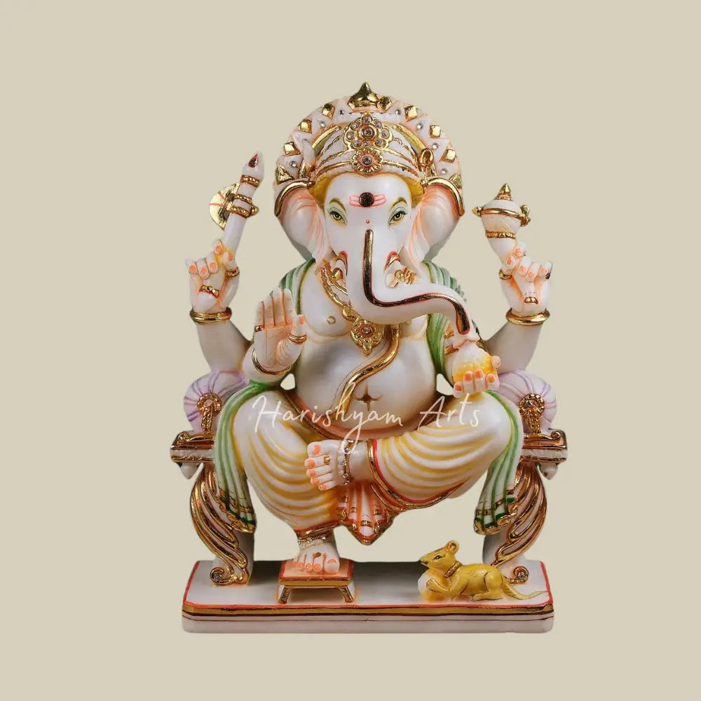 12" Marble Statue of Ganesha Sitting on Singhasan