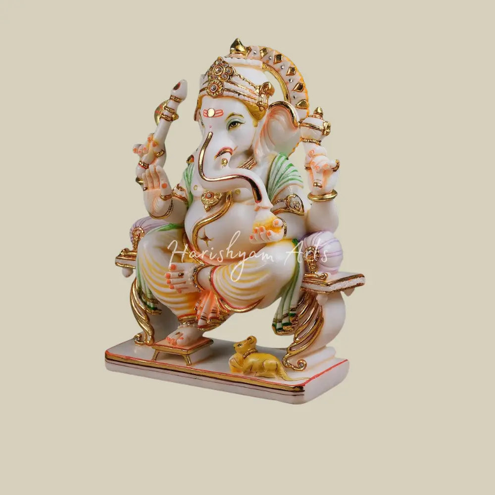 12" Marble Statue of Ganesha Sitting on Singhasan