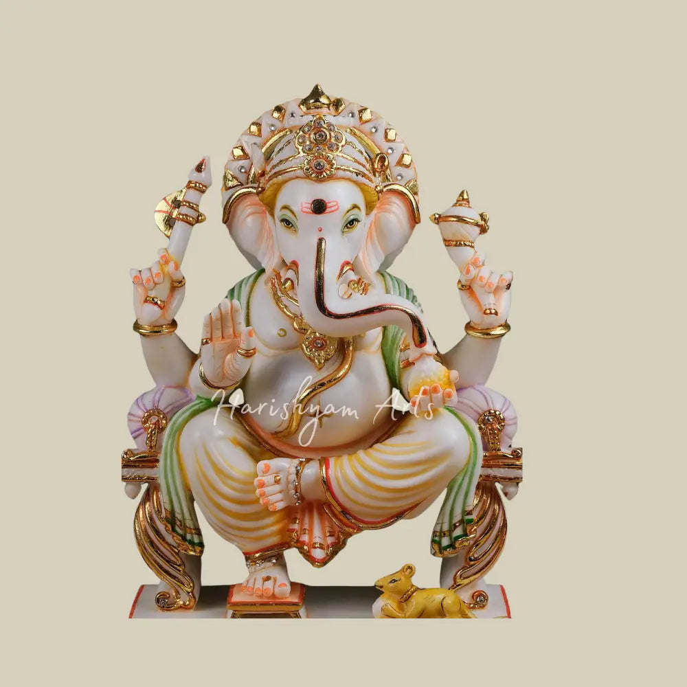 12" Marble Statue of Ganesha Sitting on Singhasan