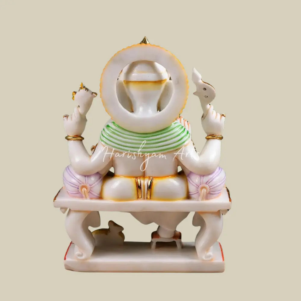 12" Marble Statue of Ganesha Sitting on Singhasan