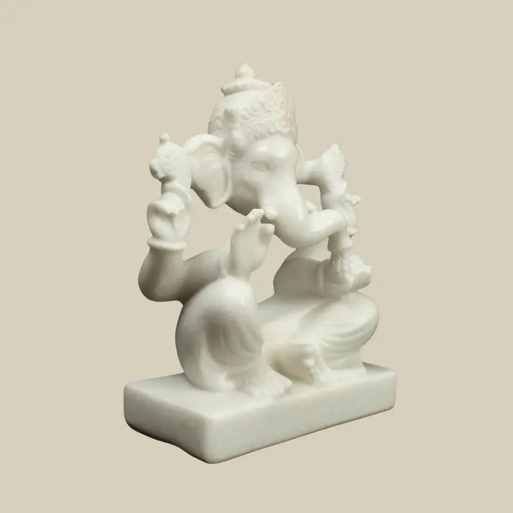 12" Pure White Marble Ganesha Modern  Sculpture