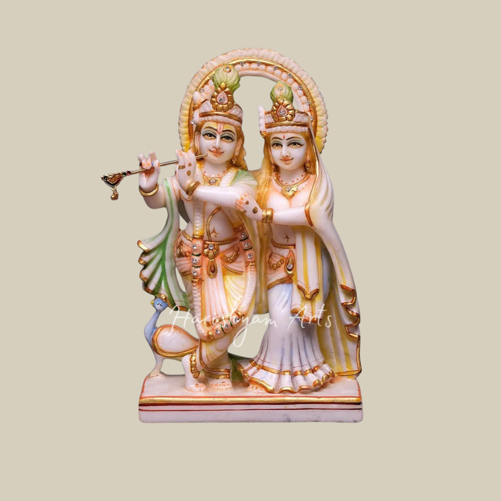 12" Radha Krishna With Peacock Marble Statue