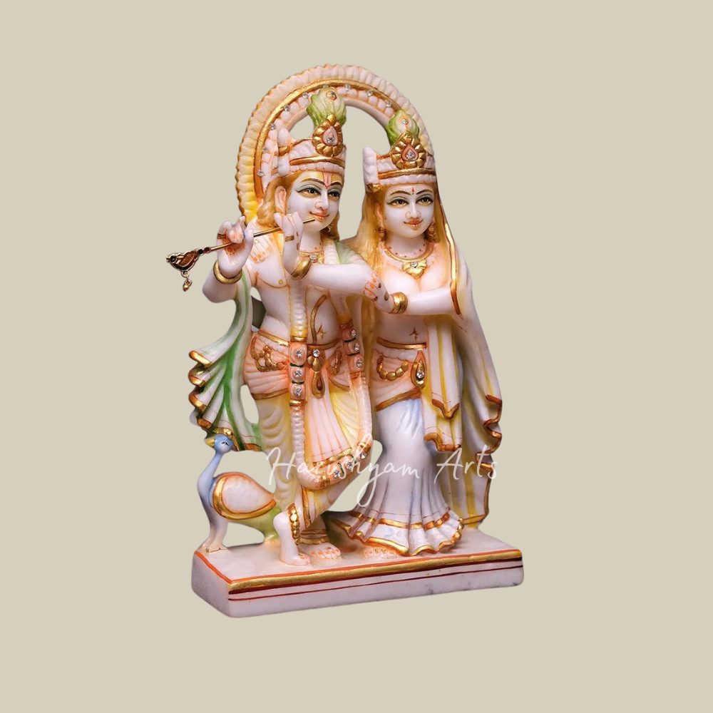 12" Radha Krishna With Peacock Marble Statue