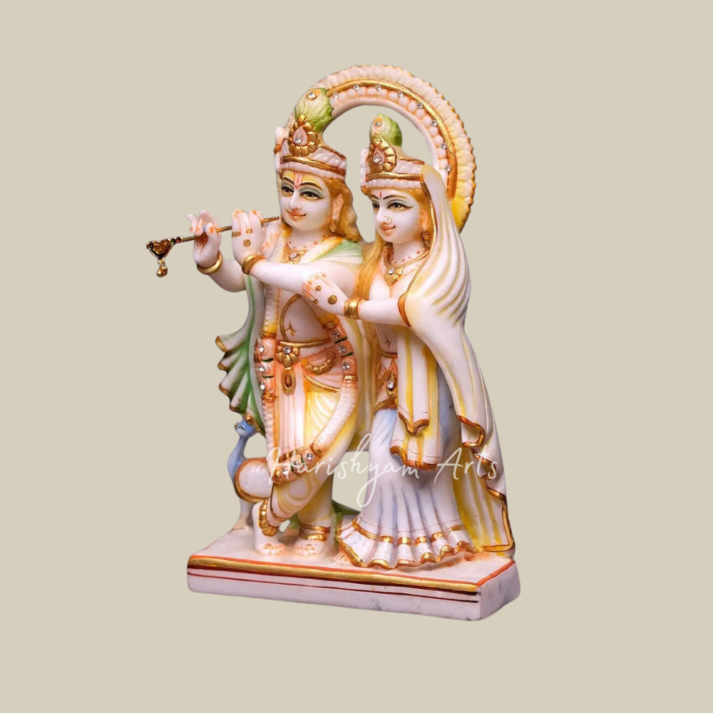 12" Radha Krishna With Peacock Marble Statue