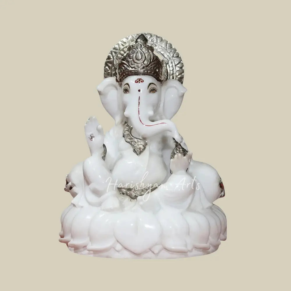 12" Super White Makrana Marble Murti of Lord Ganesh