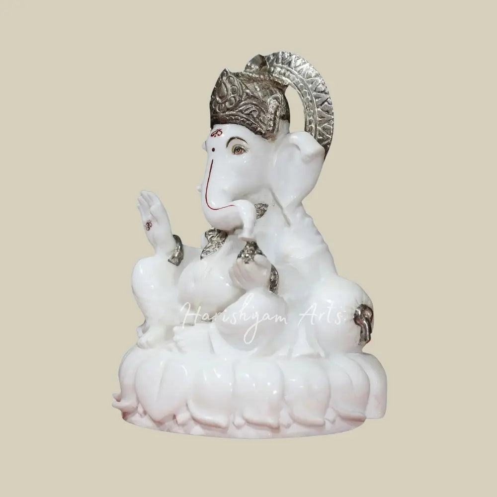 12" Super White Makrana Marble Murti of Lord Ganesh